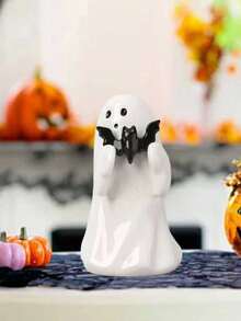 Halloween Ghost Figurine With Pink Pumpkin & Black Bat - Cute Resin Statue For Shelf, Desk, Porch, Home & Garden Decor - màu đen - Xem 3