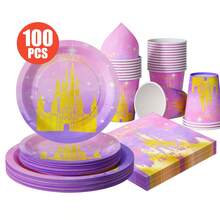 25件套一次性公主城堡主题派对用品套装，包括盘子、餐巾纸、杯子，适合生日、婚礼、家庭野餐等场合。 - 彩色 - 查看 1