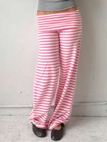 Fold Over Yoga Pants For Women Y2K Striped Low Rise Wide Leg Leggings Sweatpants Cozy Stretchy Foldover Lounge Pants Going Out Clothes - Hồng - Xem 3