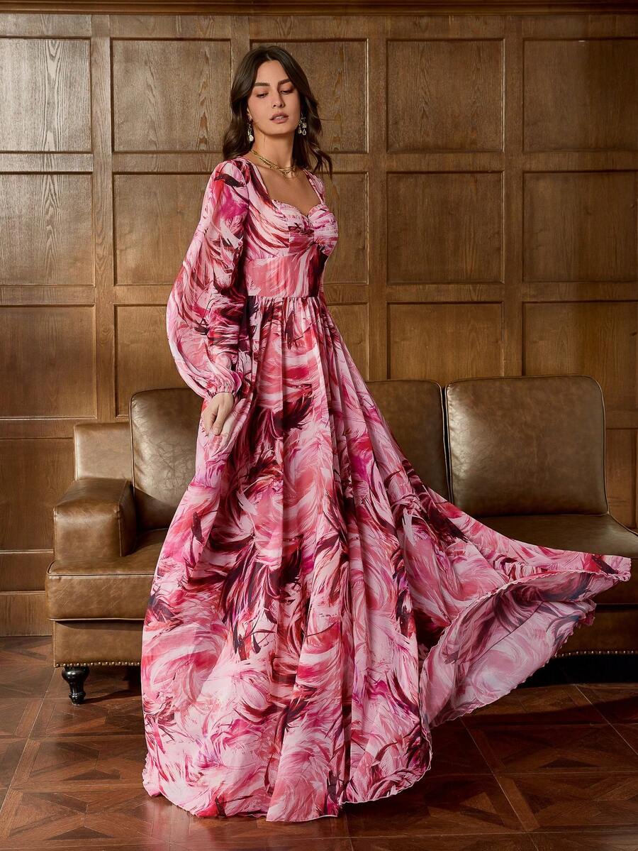 Faeriesty 优雅方领浪漫印花长裙，长袖设计，A字收腰廓形，飘逸灵动，饰以精致花卉和佩斯利花纹，适合婚礼宾客、新娘写真、浪漫约会、花园派对庆典和正式肖像摄影，粉色系春季度假必备 - 粉色 - 查看 1