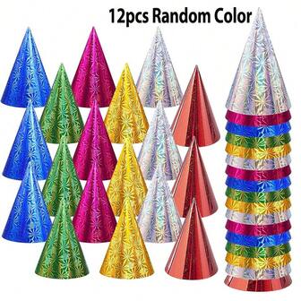 12顶彩色生日派对帽，金属箔锥形帽，圣诞节和新年派对用品（颜色随机）
