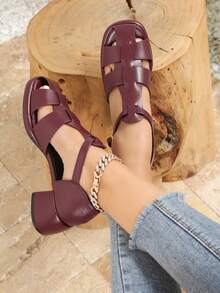 Damen Mode Plateau-Sandaletten mit dickem Absatz und Peeptoe, neue Frühlings-/Sommer-Flechtschuhe, Ganzjahres-Flatform-Sandalen, runde Zehenpartie, burgunderrot, Hohlmuster-Kreuzriemen, Plateau-Absatz, Lässig Kleid-Sandalen, atmungsaktiv und bequem für Urlaub und Outdoor, Collegestil Mittelhöhe - Bordeaux - Übersicht 2