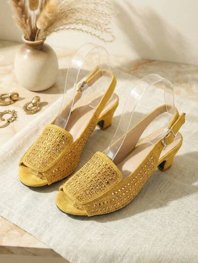 1 Pair Girls' Rhinestone Embellished Round Toe High Heel Sandals, Gold Shiny Dress Shoes With Ankle Strap, Elegant Party Wear For Summer