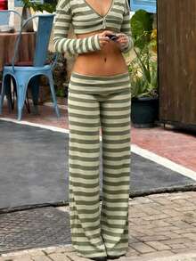 Striped Long Pants For Women Fold Over Low Rise Straight Leg Sweatpants Y2k Stretchy Loose Wide Leg Pants Lounge Leggings - Xanh nhạt - Xem 7