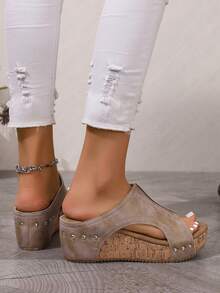 1pair Women's Vintage Distressed Wood Grain Platform Wedge Sandals, Open Toe Rivet Leather Summer Slides - Beige - View 3