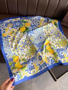 1条法式柑橘柠檬印花轻薄围巾，女士丝滑方形头巾披肩，适合海滩、街头、日常、度假，装饰性丝带 - FG158-3 藍色 - 查看 6