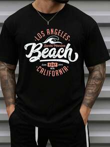 Men Santa Monica Beach Los Angeles Print T-Shirt Cotton Black Casual Short Sleeve Round Neck Tee With Santa Monica Pier Logo All-Season Comfortable Gym Wear Souvenir Apparel - Black - View 1