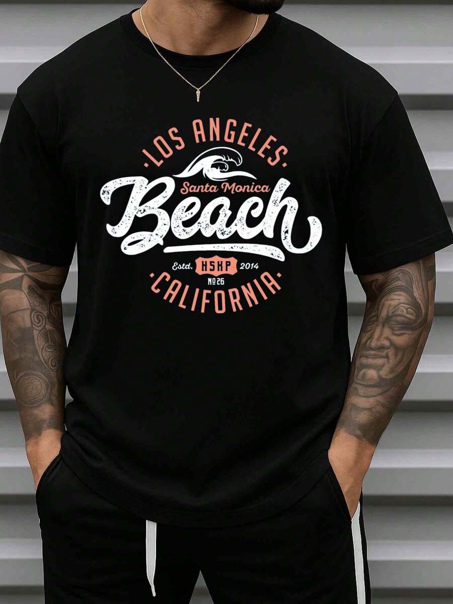 Men Santa Monica Beach Los Angeles Print T-Shirt Cotton Black Casual Short Sleeve Round Neck Tee With Santa Monica Pier Logo All-Season Comfortable Gym Wear Souvenir Apparel - Black - View 1