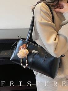 1pc Solid Color PU Fabric Underarm Shoulder Bag, Large Capacity Women's Commuter Bag, With Pendant, Suitable For Girls, Ladies, College Students, Young Professionals, And Office Workers, Great For Work, Business, Commuting, And School - Black - View 5