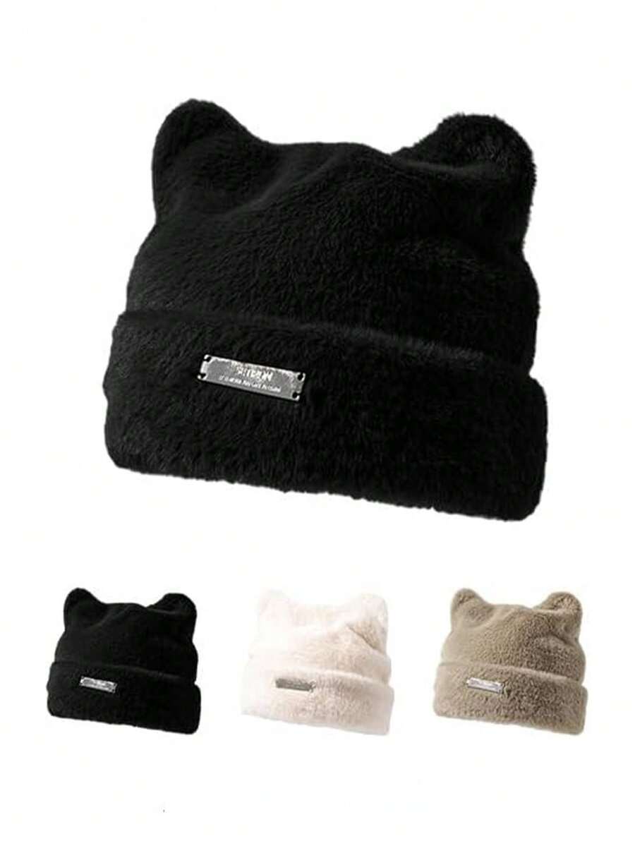 1pc Cute Cat Ear Plush Hat, Warm Knitted Earmuff Hat For Autumn/Winter, Fashionable & Versatile Plush Bear Ear Beanie - Black - View 1