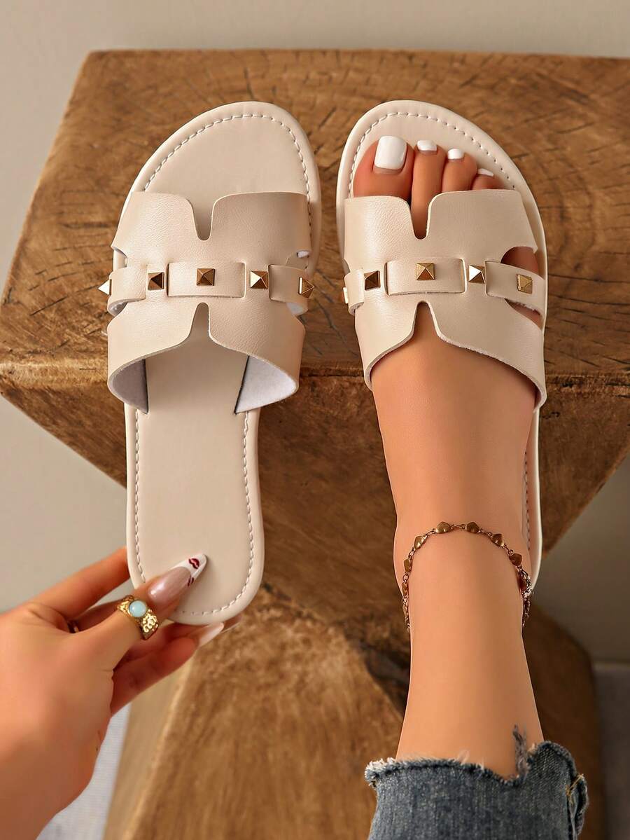 Women's Sequin Silver Flat Slippers, Lightweight, Non-Slip, Comfortable, Versatile, Suitable For Beach, Summer - Beige - View 1