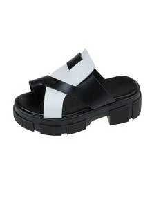 舒适加厚拖鞋 - 简约时尚双带设计 - 黑與白 - 查看 8