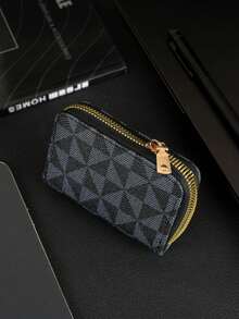 HOVI'S Men Card Holder Black Gray Geometric Pattern Fabric Full Zipper Closure - Multi Card Slots Compact Portable New Year Gift Valentine's Day Gift Valentine'S Day - Black - View 4