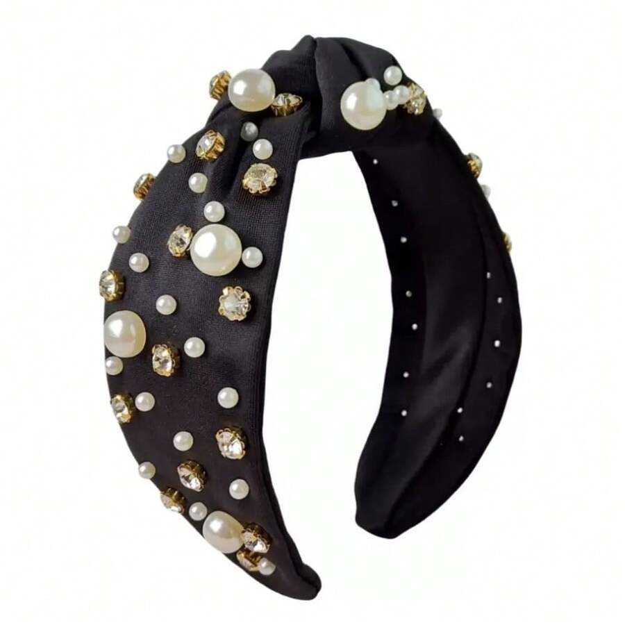 1 Peça Faixa de Cabelo Casual Sólida Fofa e Elástica com Pérolas Falsas Trançadas, Acessório de Moda para Transporte, Adequado para Todos, Tiara, Arco de Cabelo - Vermelho - Visão 1