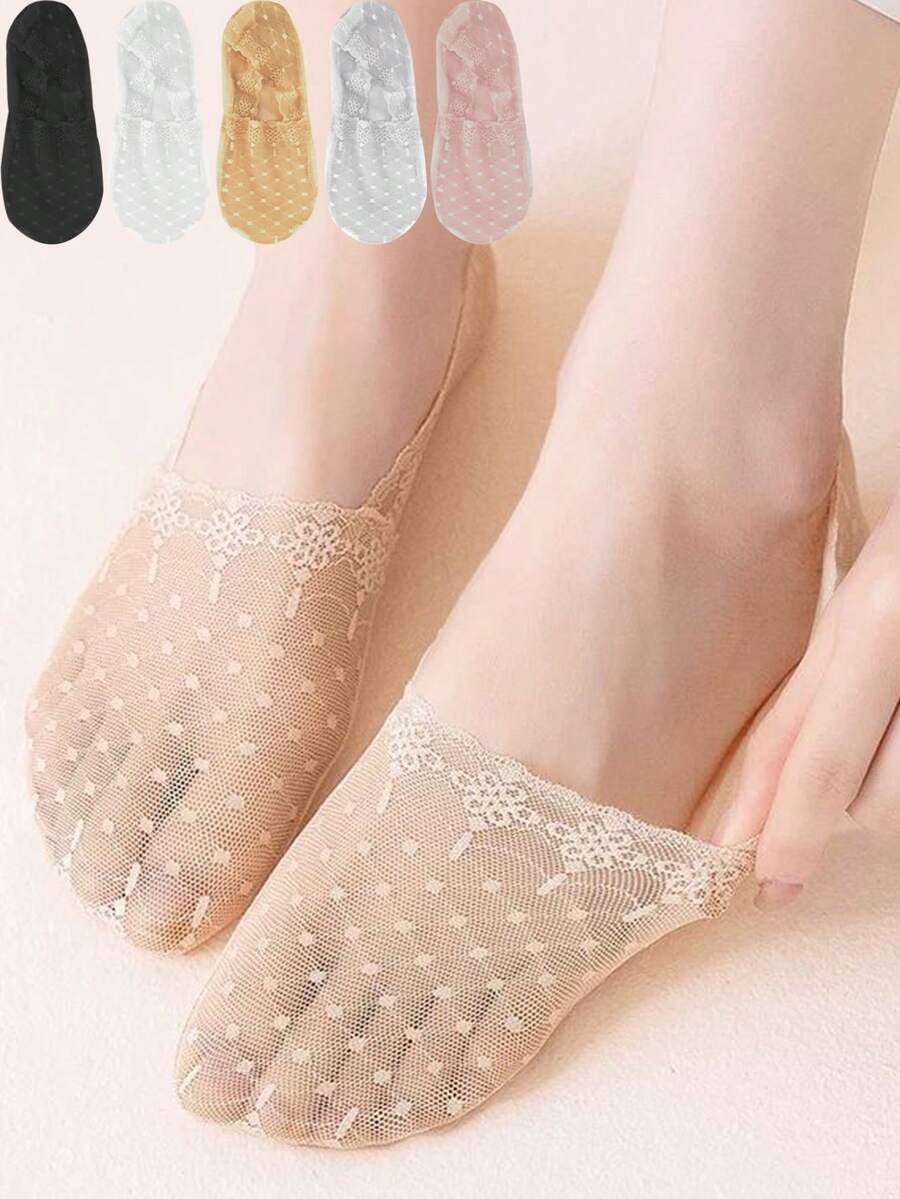 5 Pairs Of Women's Transparent Invisible Fishing Net Socks With Exquisite Polka Dot Pattern And Lace Trim, Showcasing Feminine Elegance - Multicolor - View 1
