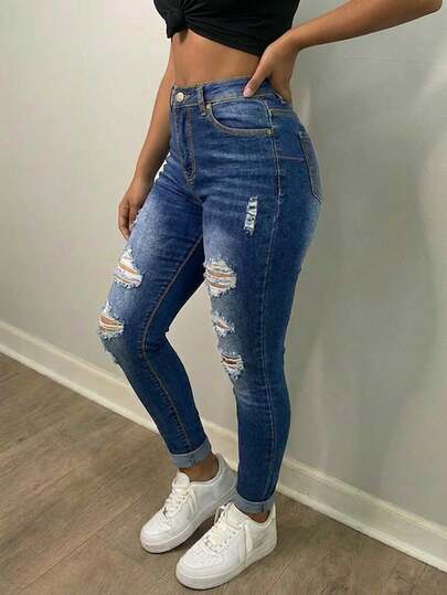 女士性感毛边弹力紧身牛仔裤