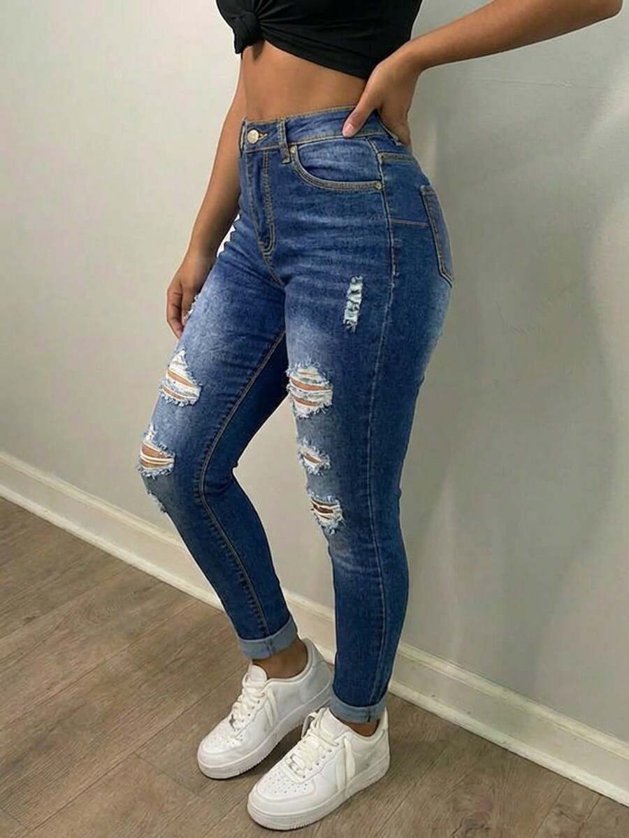 Women's Sexy Frayed Hem Stretchy Skinny Jeans - Dark Wash - View 1