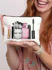 时尚化妆旅行包，采用化妆品图案设计，轻便可折叠拉链袋，适合存放化妆品、洗漱用品和文具，易于擦拭清洁，是送给女性的理想礼物。 - 米色 - 查看 9