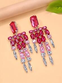 1对时尚银色和粉色水晶流苏耳环，夸张水钻吊坠耳环，女士配饰，情人节、开斋节浪漫礼物