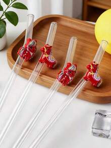 1/3PCS Valentine's Day Cute Pony Glass Straws – Reusable Straight Straw Set For Milk Tea, Juice & Cocktails | Sweet Party & 520 Gift, Adorable Home & Dining Accessory | Creative Memorable Gift For Couples - Clear - View 2