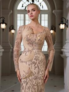 V领亮片刺绣长袖优雅性感鱼尾晚礼服 - 杏色 - 查看 3