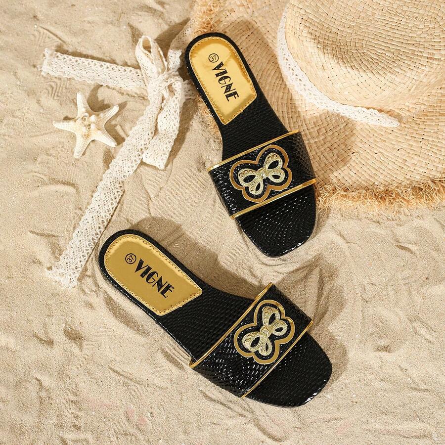 2024 Fashionably Vibrant Slides: Stylish Outdoor Sandals With Soft Non-Slip Soles And Dazzling Metallic Buckle. Fashion Wild Python Print, Personalized Stylish Slippers For Outdoor Wear - Black - View 1
