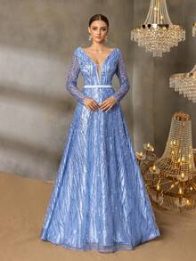 Faeriesty Vestido de noche de mujer con cuello en V profundo, decorado con lentejuelas, con mangas de malla transparente, vestido formal de línea A elegante, adecuado para cenas de gala, invitados de boda, eventos de alfombra roja, celebraciones y fiestas formales - Azul - Ver 4