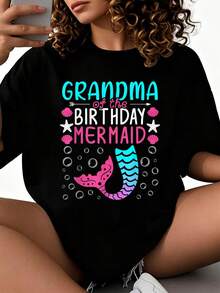 Camiseta de sirena de cumpleaños de la abuela a juego para la familia 2026 nuevas camisetas impresas para mujeres, estilos populares, camisetas de primavera para mujeres, camisetas de invierno, camisetas de para mujeresás vendidas - Negro - Ver 1
