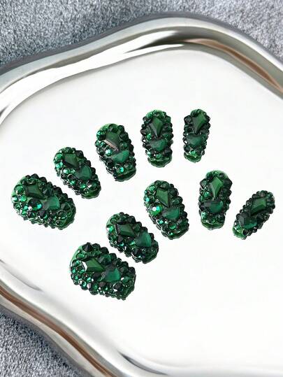 Y2K Coffin Nails Handmade Press-On Nails With Transparent Tips,Green Rhinestones & Sparkling Full-Coverage 3D Designs - Full Cover DIY Glitter Artificial Nails, False Nails For Parties, Outdoor, Beach, Daily, Holidays, Gatherings, Work & Special Events - 10 Pieces/Bag