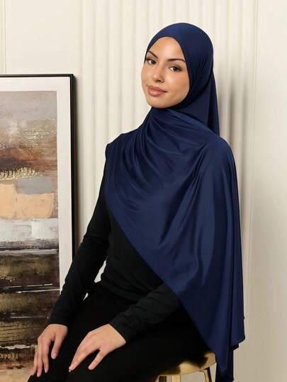 1pc Women's Simple Classic Solid Color Elegant Casual Edged Scarf, Premium Knit Fabric Viscose Jersey Hijabs Scarf, Long Turban Style Headscarf, Suitable For Daily Life, Outings And Gatherings