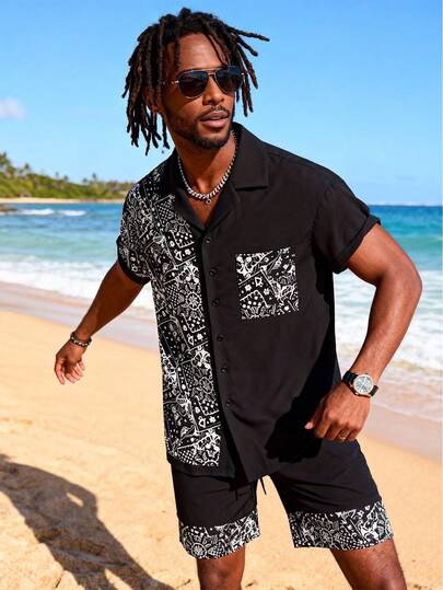 2pcs/Set Men's Casual Cuban Collar Short Sleeve Shirt And Drawstring Shorts, Patchwork Retro Print Suit, Summer Beach Vacation Sports Outfit, Elastic Waist Shorts, Versatile Casual Street Style, Lightweight And Comfortable, All-In-One Outfit, Slimming And Tall, High-Quality Textured Fabric, Suitable For Vacation And Home Wear, Summer Casual Set With Cuban Collar Loose Print Top And Drawstring Shorts