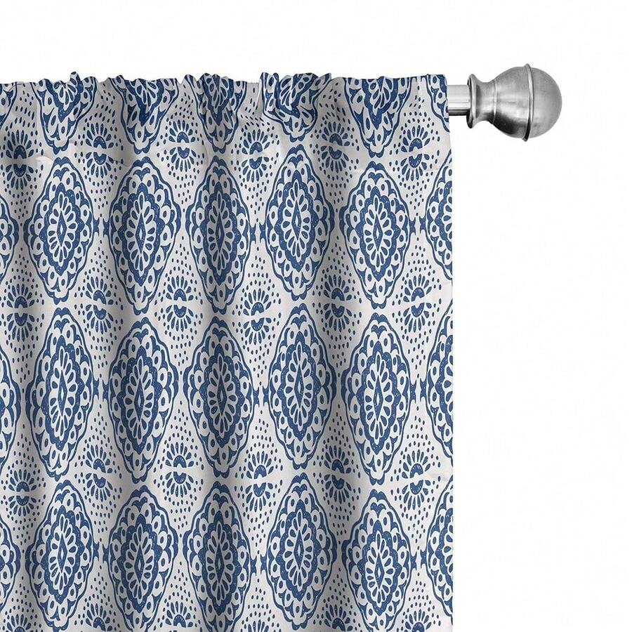 Blue And White Window Curtains Pack Of 2, Abstract Tie Dye Effect Ikat Shibori Pattern In Bohemian Fashion, Lightweight Set With Rod Pocket, 4 Panels Of - 28\ X 63\, Navy Blue - 海軍藍 - 查看 1