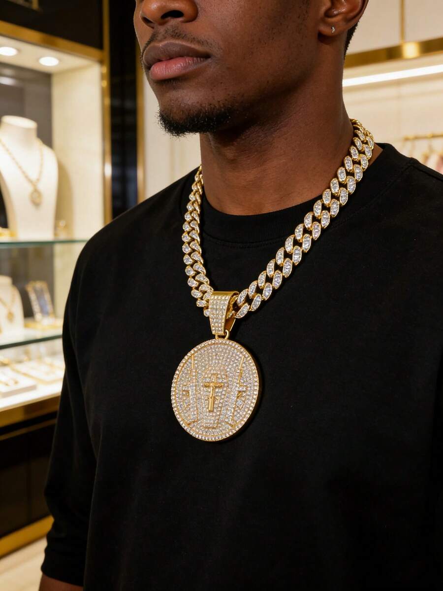 1pc Men's Fully Iced Out Hip Hop Cuban Link Cross & Round Pendant Necklace - Style a - View 1