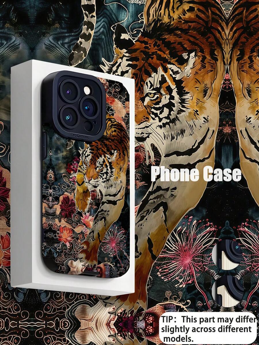 1件装 时尚复古可爱虎纹图案高端仿皮防摔防指纹防震手机壳 兼容苹果及其他型号