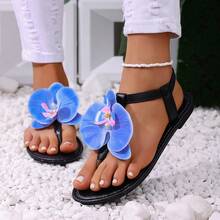 Minimalist Dopamine 3D Blue & Pink Orchid Elastic Strap Slip-On Women Outdoor Sandals & Stylish Summer Women Slippers - Black - View 7