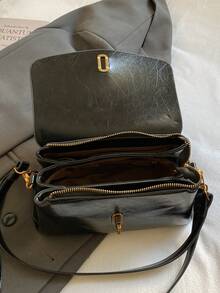 Women's Retro High-Quality Handbag With Flap Closure, Boxy Shape, Metal Hardware, Detachable Shoulder Strap, Casual Daily Use - Black - View 9