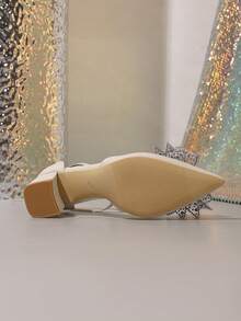 Spring New Fashion Women's Pointed Toe Wedding High Heels, Hollow Out Thick Heel Rhinestone Bow Casual Comfortable Shoes - Apricot - View 4