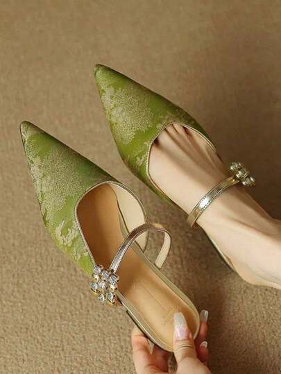 Women's New Chinese Style Crystal Low Heel Mules, Fashion Versatile Green Contrast Color Chunky Heel Pointed Toe Slip-On Shoes