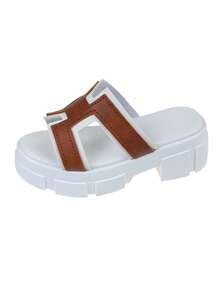 Genuine Leather H-Strap Platform Slides​ - Two-Tone Brown & White - Brown - View 8