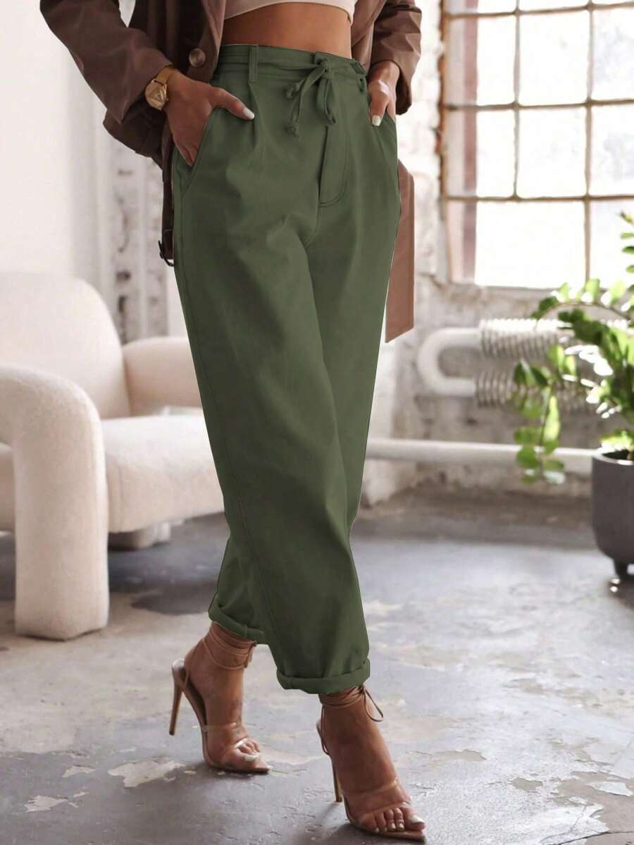 Pantalones casuales de unicolor con bolsillo y cordón en la cintura para mujer, primavera