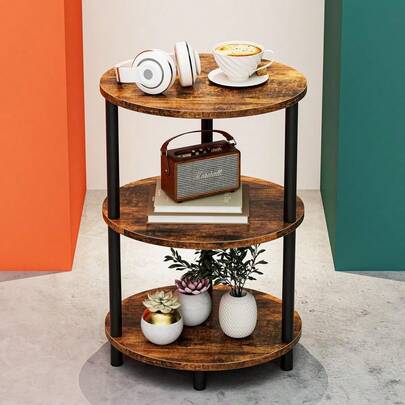 Round Side Table 3Tier Oval Accent Table For Small Spaces, Rustic Wood And Metal Couch End Table, Nightstand For Bedroom Or End Table Living Room, Easy To Assemble, Rustic Brown