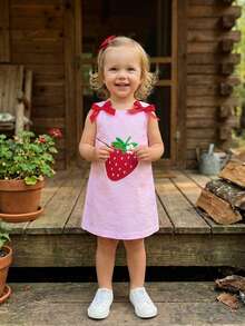 Toddler Little Girls Dresses Strawberry Casual Sundress Striped Bow Sleeveless Pink Tank Summer Dress - 粉色 - 查看 8