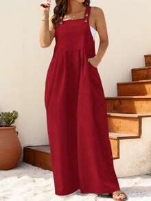 大码女式褶裥阔腿休闲连体裤，带口袋，红色，适合中国新年春季穿着 - 紅色 - 查看 2