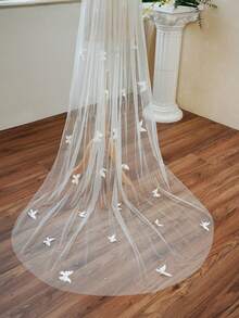 1pc Ivory Small Chapel Pearl & Butterfly Bridal Veil - Beige - View 2