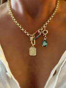 STYLEVER 1pc Gold-Tone Rhinestone Letter Necklace With Emerald Pendant, Multi-Pendant Necklace, Stainless Steel Chain, Suitable For Work, Daily Life, Party, Banquet, Ball Decoration, Unique Luxury Women's Necklace - Yellow Gold - View 10