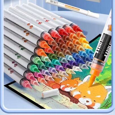 48 색상 듀얼 팁 수채화 펜, 대형 사이즈 가는 라이너 & 브러쉬 마커, 워셔블 논 블리딩 아트 마커 어린이 학생용, 쌓을 수 있는 PVC 박스, 그림 낙서 채색용 신학기 용품