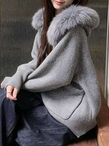 Women Zip-Up Knitted Cardigan With Faux Fur Collar Hoodie, Casual Autumn/Winter Top