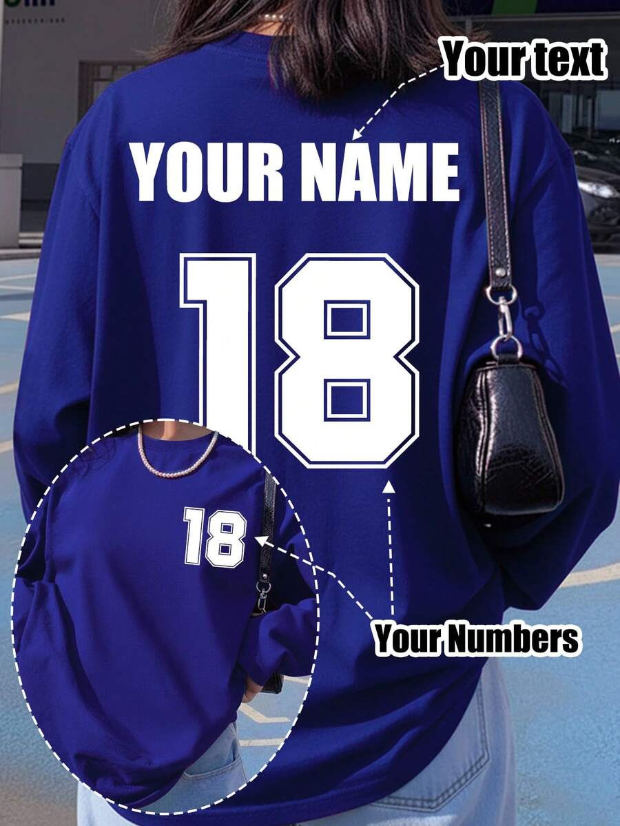 Custom Women's Long Sleeve T-Shirt, Front And Back Can Be Printed With Logo, Name/Text/Lucky Number. Black Loose Fit. Sports - Blue - View 1