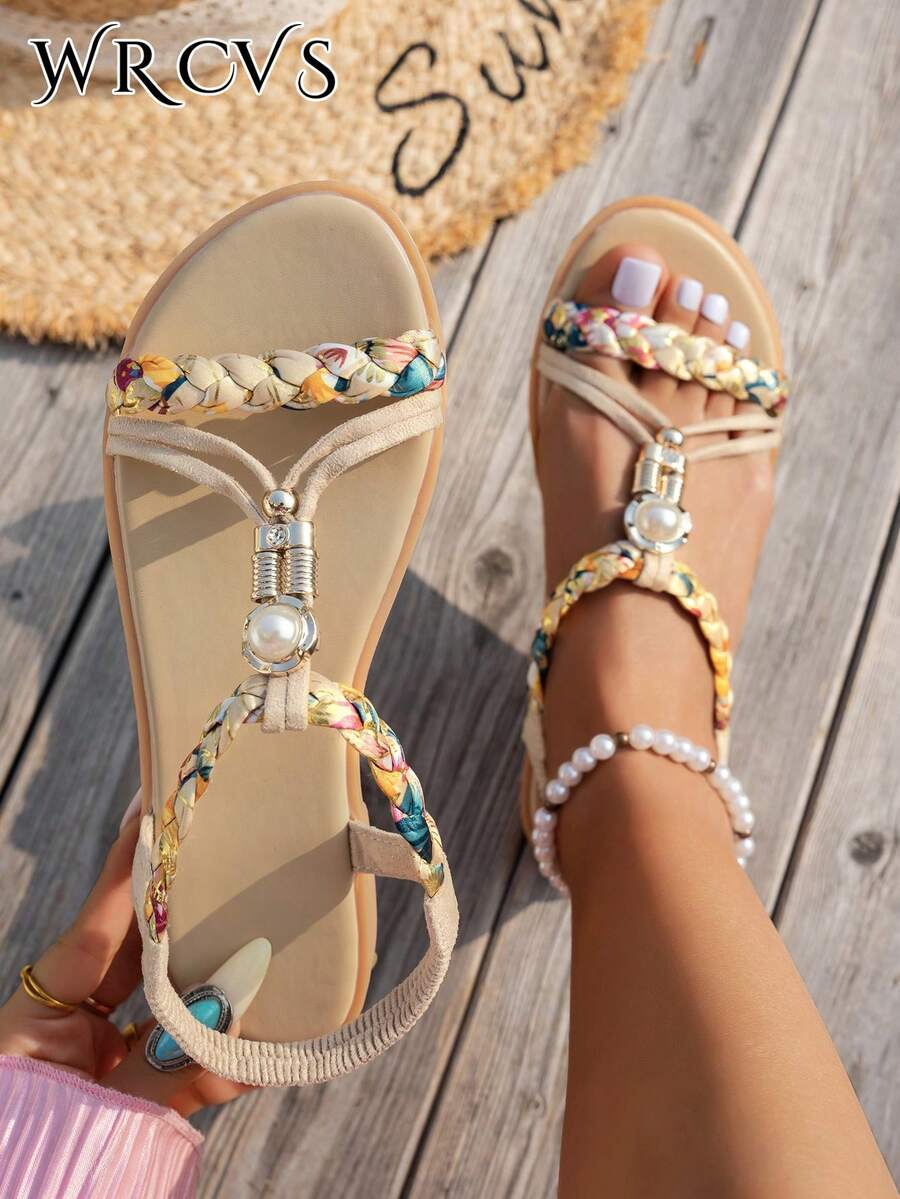 WRCVS Sandálias femininas bege, rasteiras com tiras cruzadas, bico aberto, leves, antiderrapantes, estilo férias, estampa trançada, sandálias para atividades ao ar livre com franjas aleatórias, perfeitas para primavera e verão.