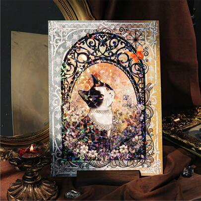 Icy PET Puzzle Stickers - Retro Black Cat In Flowing Shadow Series, DIY Scene Material Flat Sticker, Gift, Holiday Gift, Birthday Gift, Perfect Gift